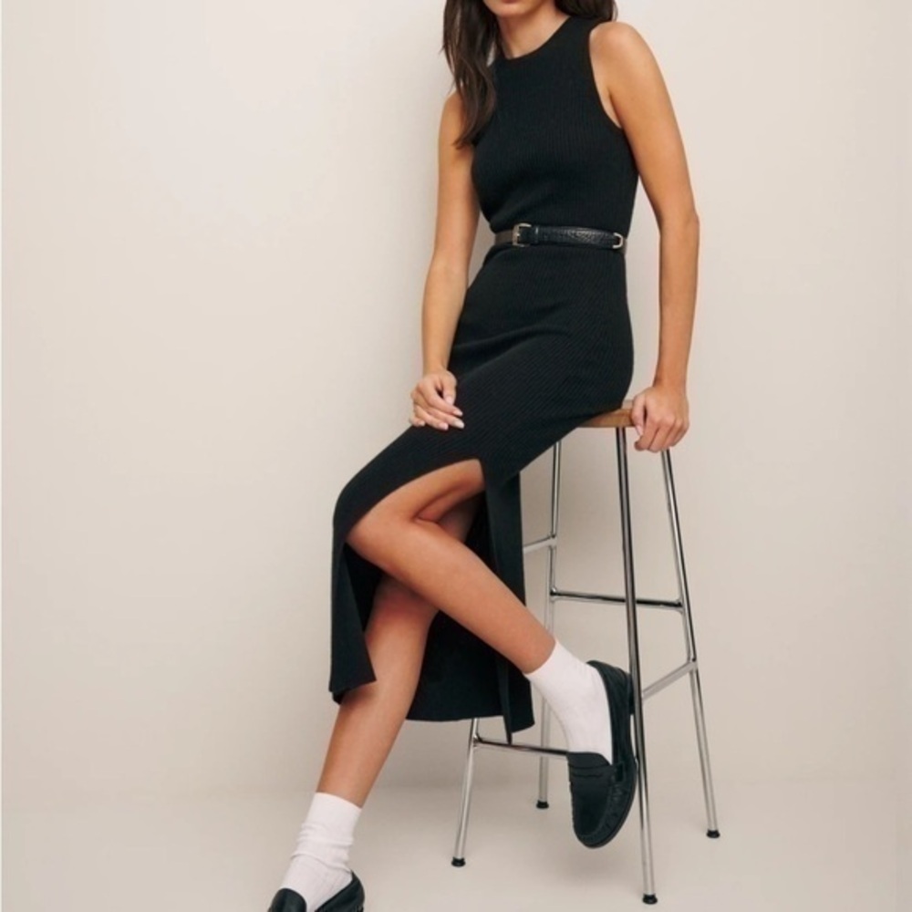 REFORMATION BASIL RIBBED CASHMERE DRESS BLACK
